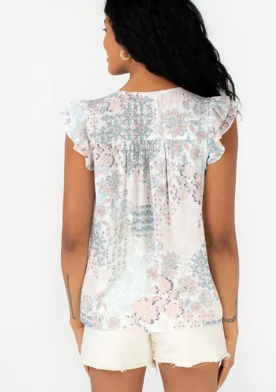 Bohemian Floral Ruffle Sleeve Blouse