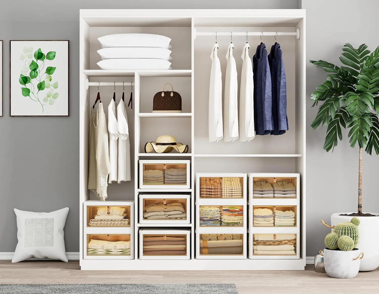 HOMIDEC Closet Organizers and Storage 3 Pack Closet Organizer Boxes for Clothes Stackable Storage Bins with 3 Lids Foldable Storage Box for Clothes/Toys/Office Supplies/Snacks(M)