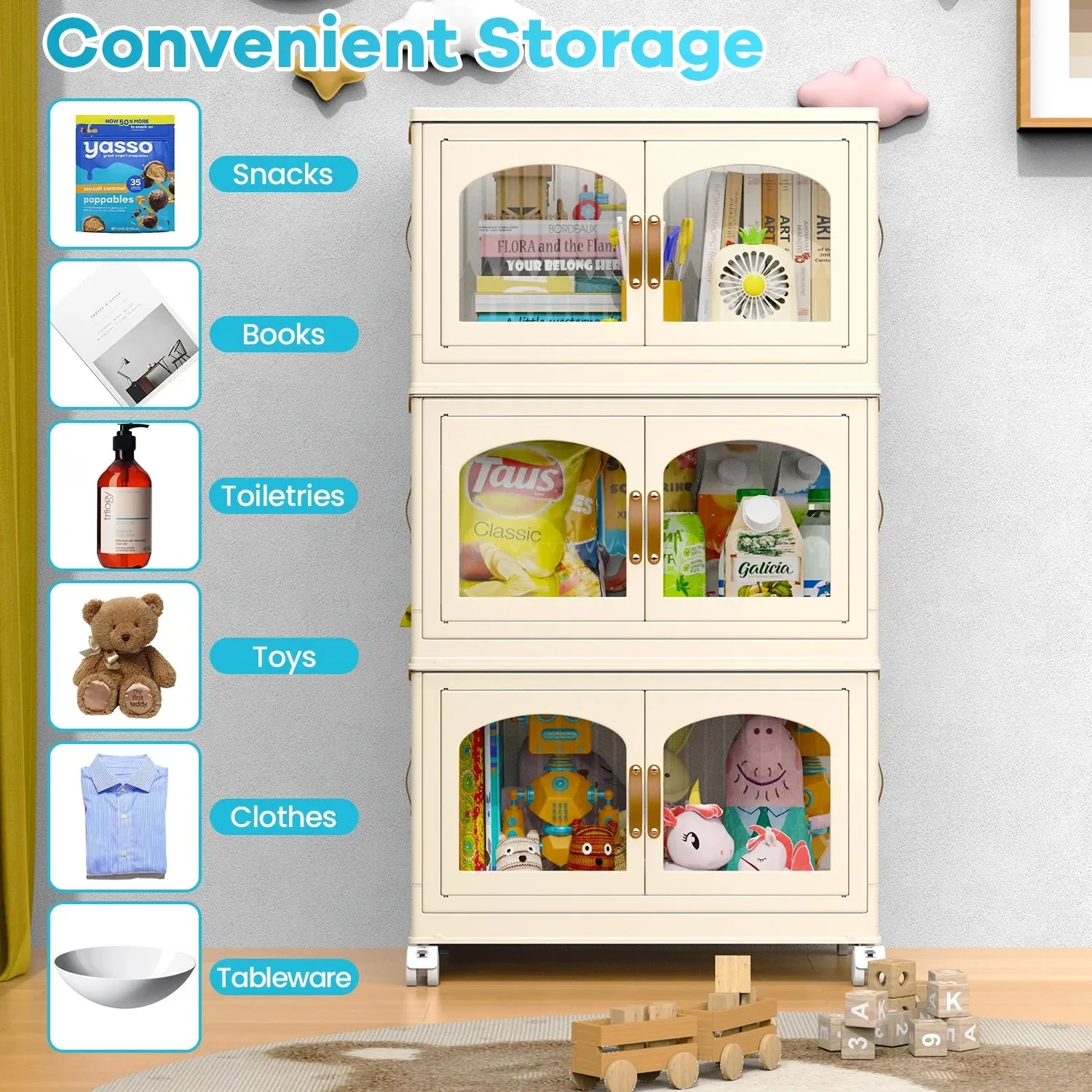 Keenstone 3 Pack Large Storage Bins with Lids, 165QT Stackable Plastic Containers with Doors and Wheels, Collapsible Closet Organizers for Home, Dorm