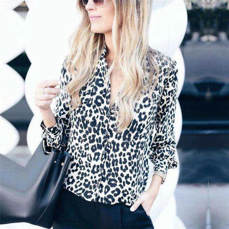 Long Sleeve Lady Button  Blouse Leopard Shirts Top