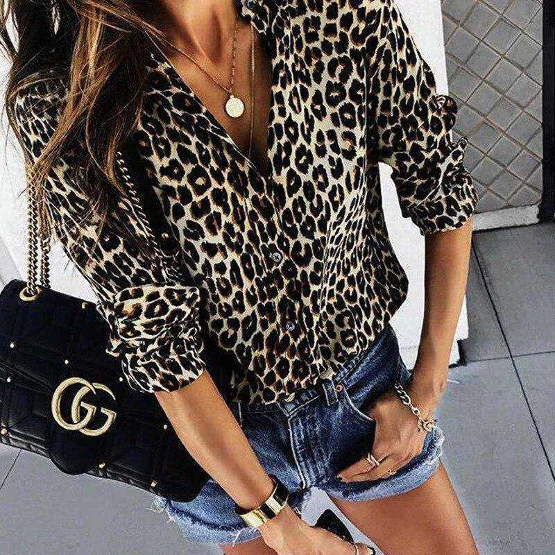 Long Sleeve Lady Button  Blouse Leopard Shirts Top