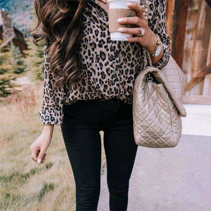 Long Sleeve Lady Button  Blouse Leopard Shirts Top