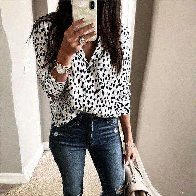 Long Sleeve Lady Button  Blouse Leopard Shirts Top