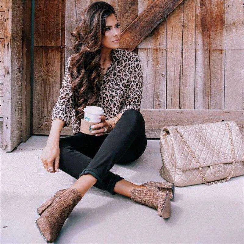 Long Sleeve Lady Button  Blouse Leopard Shirts Top