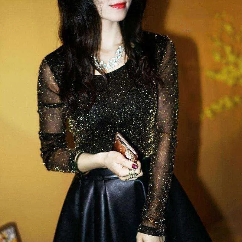 Mesh Long Sleeve Transparent Shining Elegant Shirt Women Tops