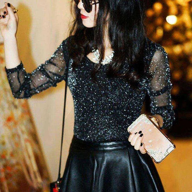 Mesh Long Sleeve Transparent Shining Elegant Shirt Women Tops