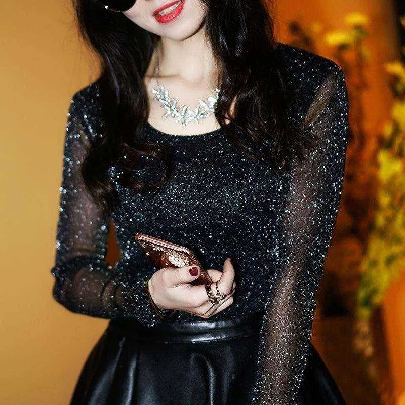 Mesh Long Sleeve Transparent Shining Elegant Shirt Women Tops