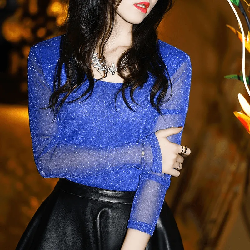 Mesh Long Sleeve Transparent Shining Elegant Shirt Women Tops