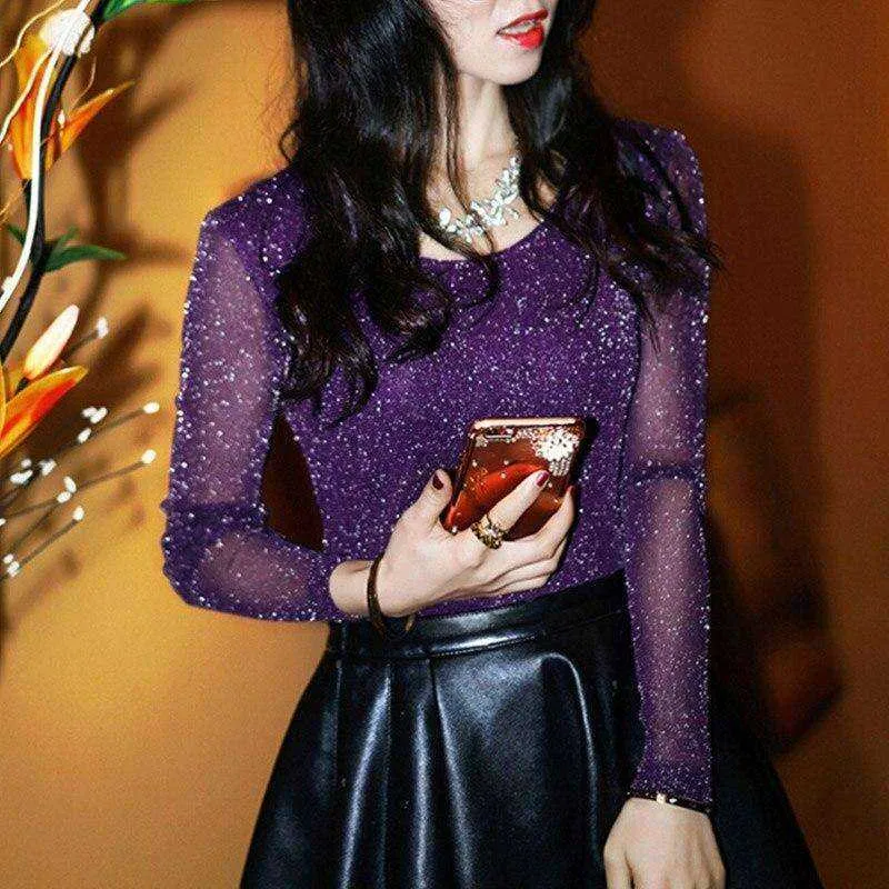 Mesh Long Sleeve Transparent Shining Elegant Shirt Women Tops