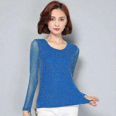Mesh Long Sleeve Transparent Shining Elegant Shirt Women Tops