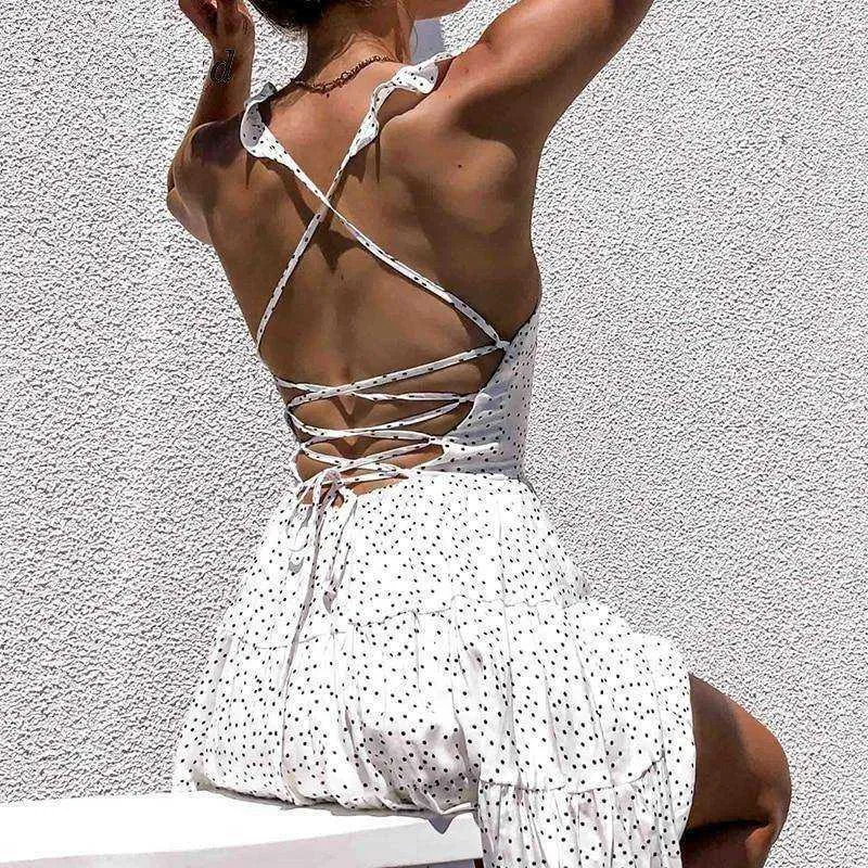 Polka Dot White Women's Summer Sundress Ruffle Backless Party Dress