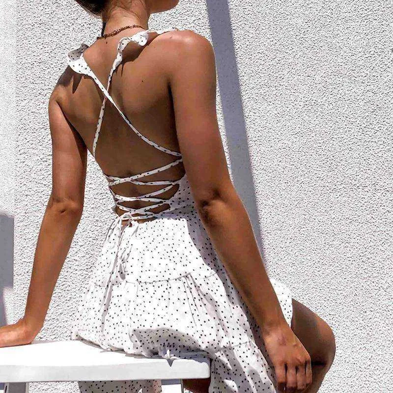 Polka Dot White Women's Summer Sundress Ruffle Backless Party Dress