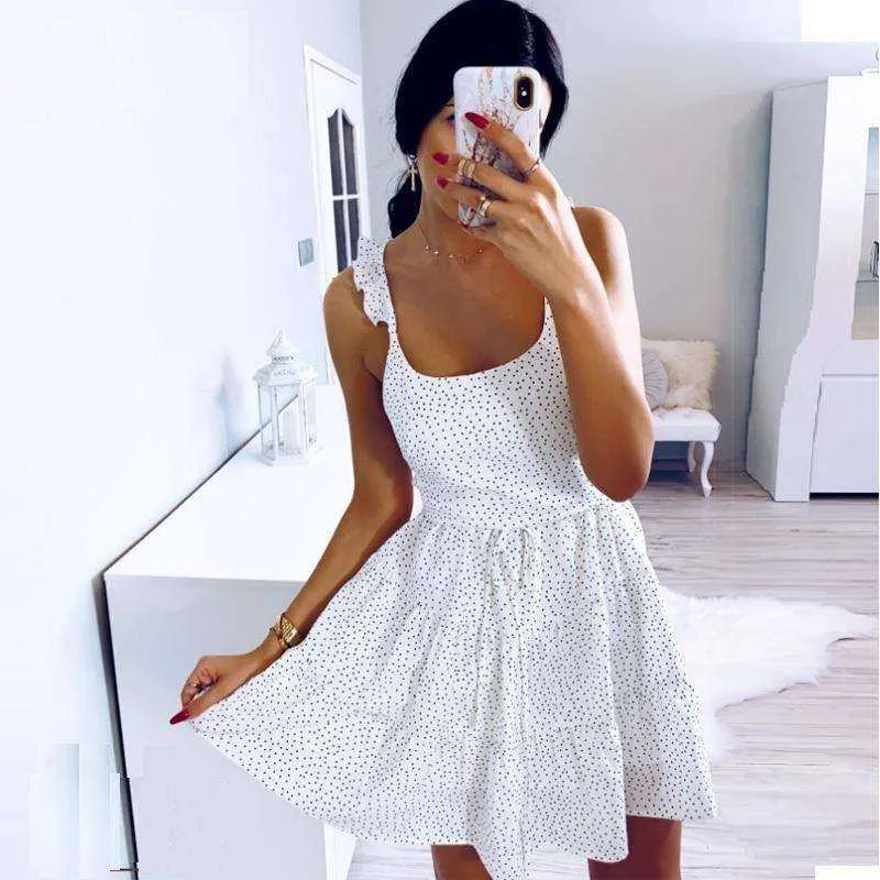 Polka Dot White Women's Summer Sundress Ruffle Backless Party Dress