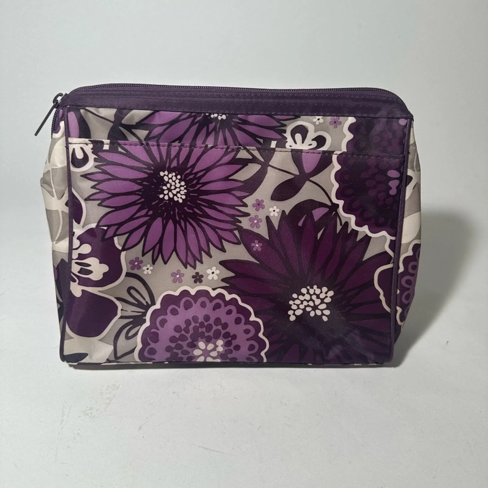 Purple Floral Cosmetic Bag with Zipper Closure