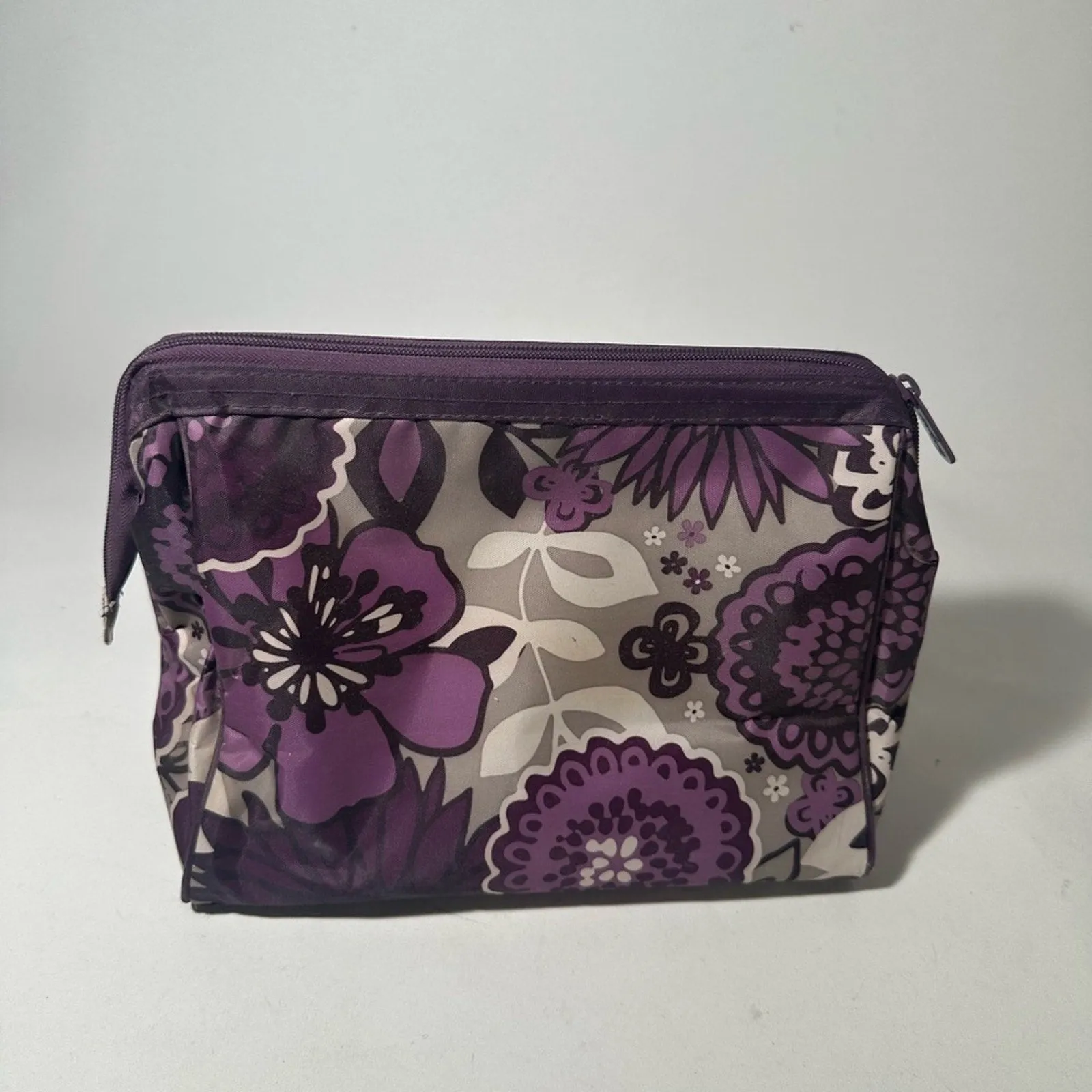 Purple Floral Cosmetic Bag with Zipper Closure