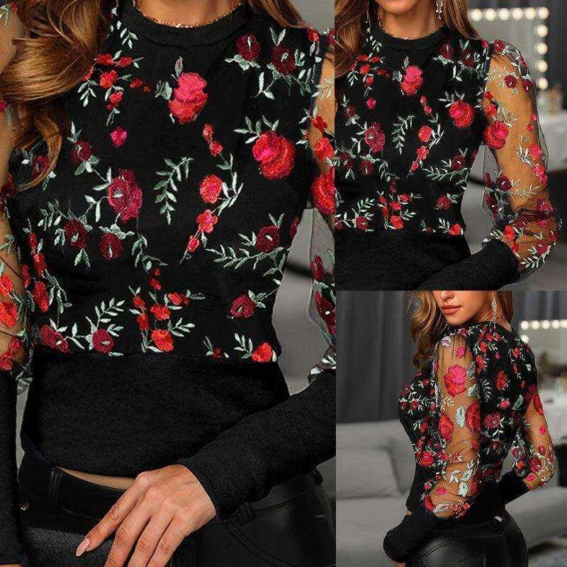 Women Embroidered Floral Long Sleeve Blouse